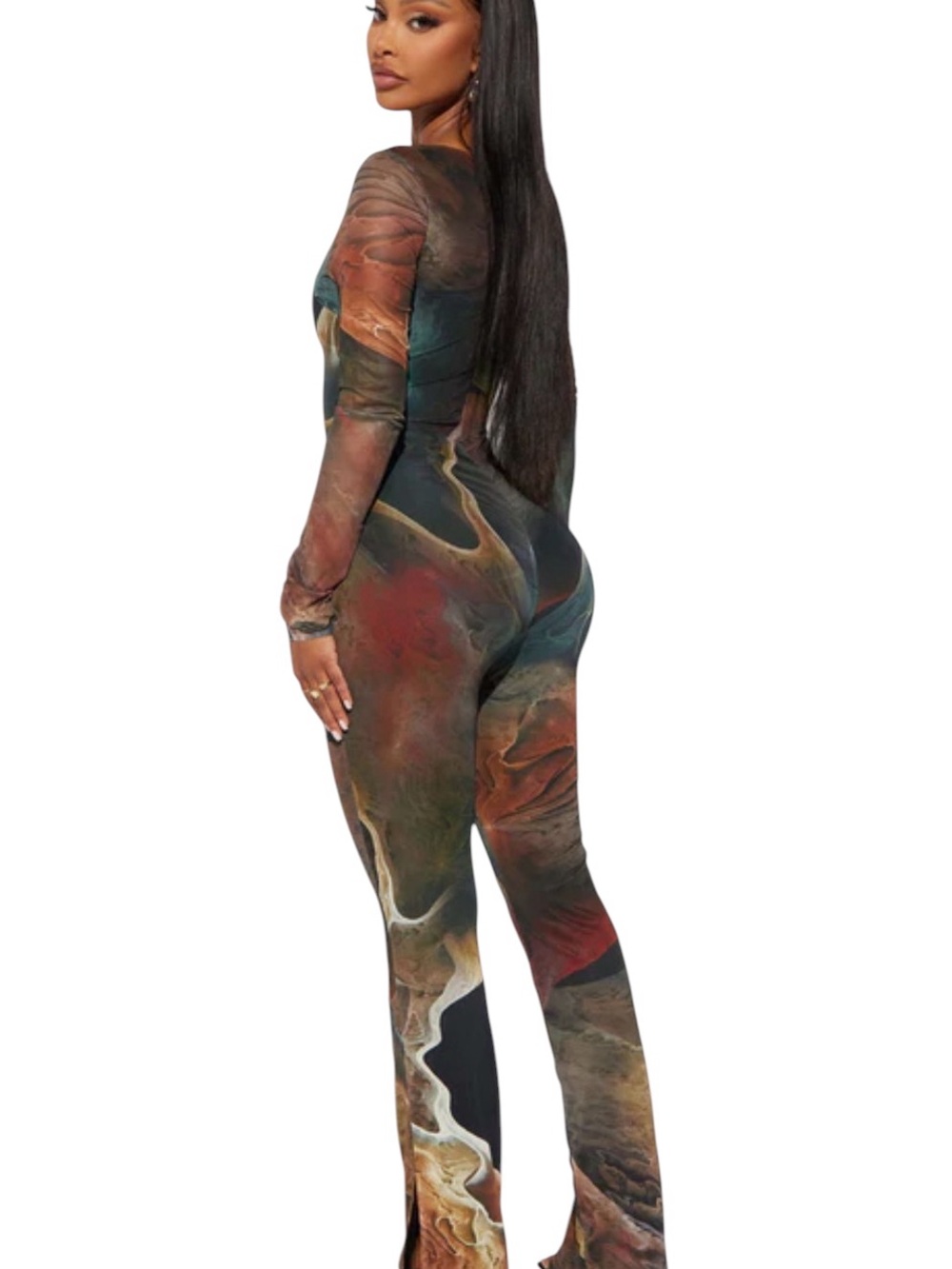 Fashion Nova Lost In A Trance Mesh Jumpsuit Olive/Combo - Picture 2 of 11